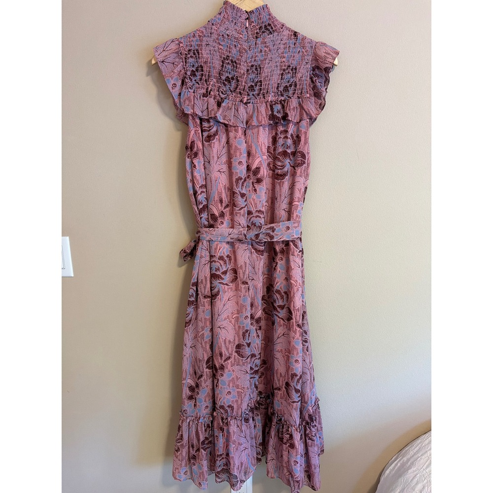 Likely Pink Floral Smocked High Neck Ruffle Midi Levine Dress Size 8 - Picture 6 of 9